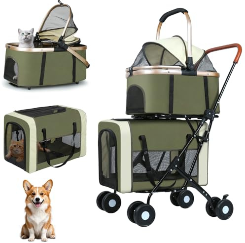 Double Pet Stroller for Dogs and Cats: Dog Stroller Foldable Travel Carriage with Detachable Carriers, Safety Belts, and 4 Lockable Wheels for Small to Medium Pets – Ideal for Multi-Pet Homes (Green)