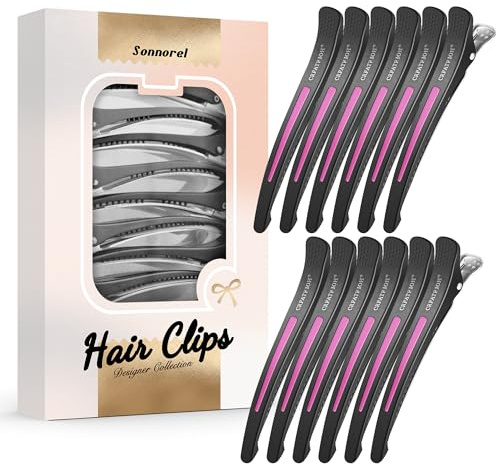 12 Stück Haarklammer Professionelle Abteilklammern Friseur,Rutschfeste Haarspangen mit Entenschnabel und Silikonband,Haarschneidespangen für Friseursalon und Zuhause(Schwarz Rose Rot)