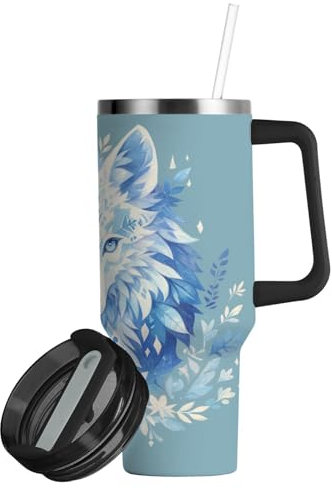 linqin Aesthetic Wolf - Vaso aislado al vacío con pajilla, resistente a fugas, botella de agua de 30 onzas con correa, reutilizable, taza de café grande para escuela, guardería, campamento