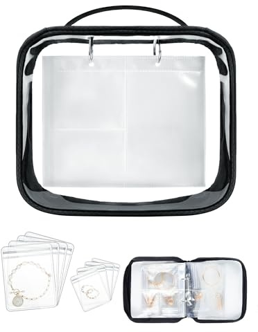 Remedare Organizador de joyas de viaje – Soporte transparente con cremallera, libro de almacenamiento portátil para aretes, anillos, collares, pulseras (incluye 48 bolsas pequeñas y 24 grandes