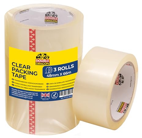 Double Dragon Clear Packaging Tape – 48mm wide, 66m long (3 Rolls) | Heavy Duty Parcel Cellotape | Secure Sticky Sealing Tape for Parcel Boxes, Moving Boxes, Large Postal Bags & long-term storage
