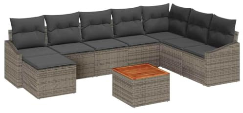 vidaXL 9-delat trädgårdsmöbelset med kuddar Grå Poly Rattan Akacia