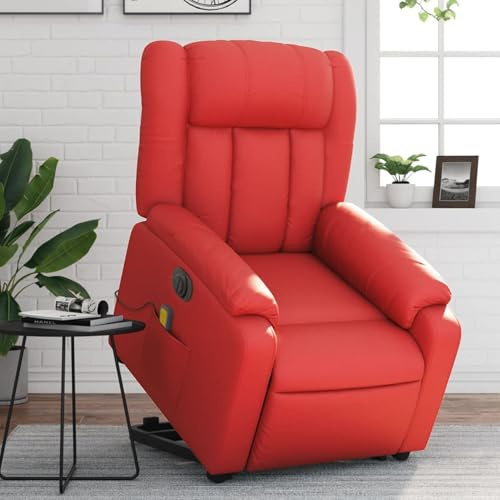 vidaXL Massagesessel, Elektrisch Verstellbar Sessel mit Aufstehhilfe, Fernsehsessel Relaxsessel mit Liegefunktion, Liegesessel Aufstehsessel Polstersessel, Rot Kunstleder