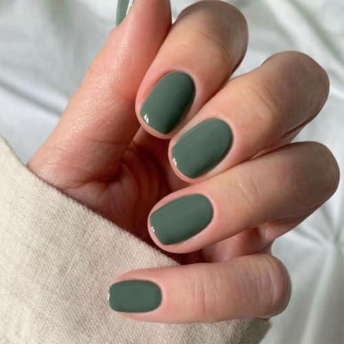 24 Pcs Press On Nägel Kurz, Eckige Künstliche Fingernägel zum Aufkleben, Acryl Press On Nails French, Full Cover Künstliche Nägel für Frauen und Mädchen (Grün)