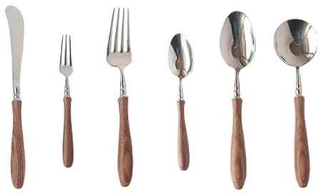Ménagère 72 pièces en Acier Inoxydable 304 avec Manche en Bois, Couteau à Steak, Fourchette, cuillère à Dessert et Fourchette pour 12 Personnes (24 pièces pour 4 Personnes)