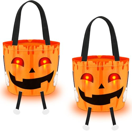 Dalugo Sacchetto di caramelle per Halloween, 2 pezzi, per Halloween, con luce a LED, zucca luminosa