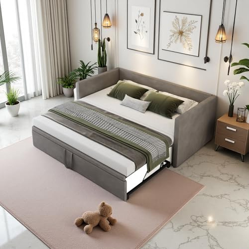 Aneutr Schlafsofa 90/180 x 200 cm, ausziehbares Bett mit Gleichhöhe, Betten mit Ausziehbett, Doppelschlafsofa, mit Lattenrost, Samt (Grau, 90/180 x 200 cm)