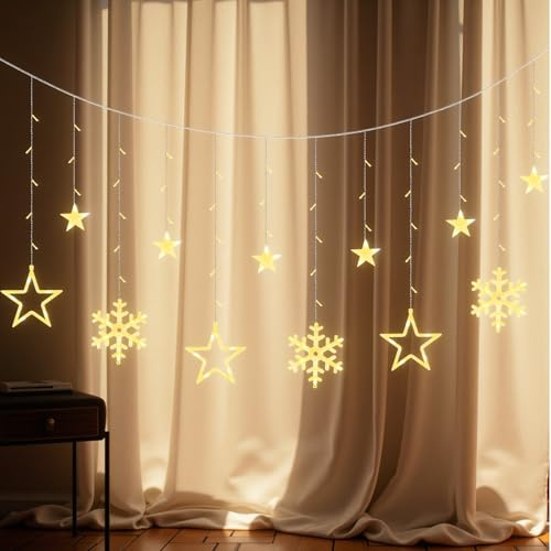 LEDYA Christmas Stars Curtain Lights, 9 Stars & 3 Snowflakes 138 LED Fairy Window Lights with 8 Modes & Timer, Plug in String Lights for Xmas Decorations, Bedroom, Wedding, Party, Home (Warm White)