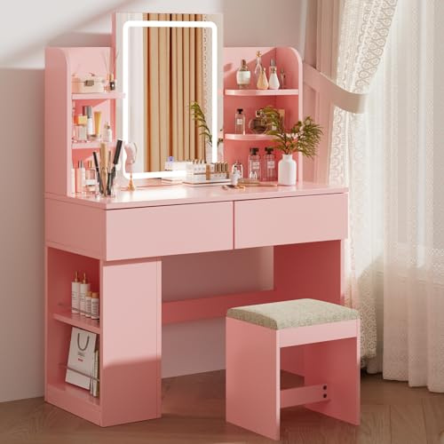 Airfish Schminktisch mit LED Beleuchtung, Frisiertisch mit Hocker und Spiegel, 2 Schubladen, Farbtemperaturen und Helligkeit Einstellbar (Rosa Schminktisch+Hocker)
