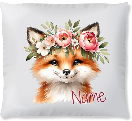 GRAZDesign Personalisierbares Kinderkissen mit Name – Fuchs & Blumenkranz – Weiches Dekokissen fürs Kinderzimmer