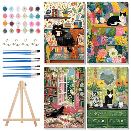 MISCER 4 Stück Gerahmt Malen Nach Zahlen Erwachsene, Katze Malen Nach Zahlen Erwachsene Anfänger Mit Holzstaffelei, DIY Tier Ölgemälde Leinwand Kit für Home Deko 20X30cm