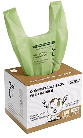 UFCOELPT 1.6 Gallon Compostable Trash Bags with Handles, 55 Count - Small Biodegradable Countertop Compost Bin Liners, 6 Liter Extra Small Bio Bags for Kitchen Food Waste & Bathroom, 0.63 Mil