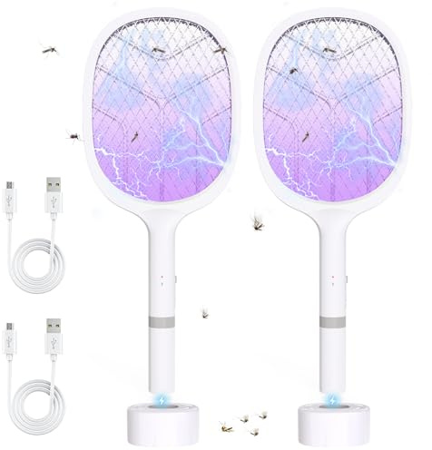 Elektrische Fliegenklatsche: 4800V Fliegenklatsche Elektrisch mit UV Lichtfalle, 2 in 1 USB mit 2000 mAh Akku Aufladbar Abnehmbar Elektro Mückenklatsche mit Ladestation, für Mücken-Two