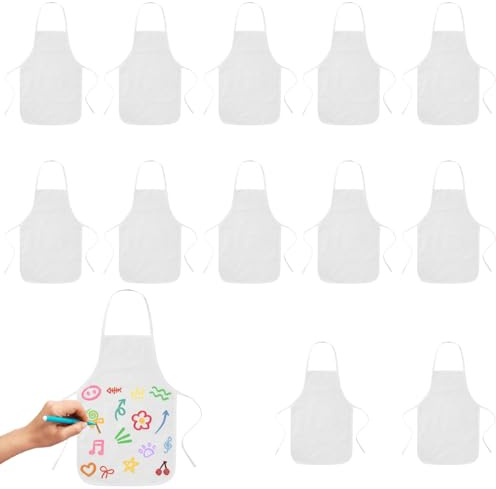 12 Stück Schürze Kinder, Malschürze Kinder, Kinderschürze Kinders Schürze | Kinderschürze Mädchen, Kinderschürzes Baumwolle, Kinderkochschürze, Kinderbastelschürze Set, für Malerei, Backen (Weiß)