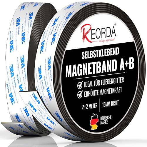 REORDA® Magnetband A B (EXTRA STARKER 3M KLEBER) 2 Meter I Selbstklebender Magnetstreifen für Fliegengitter & Moskitonetze für beste gegenseitige Anziehung - Magnetband selbstklebend
