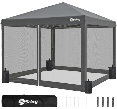 Sekey Pop Up Pavillon 3x3m Wasserdicht Stabil Winterfest mit moskitonetz, Höhenverstellbar Gartenpavillon mit 4 Seitenwänden, Faltpavillon 3x3 mit 4 Sandsäcke, Grau