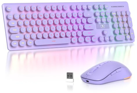 Vumilstek Wireless Keyboard and Mouse Set, US Layout Rechargeable Retro Typewriter Light Up 2.4GHz Full Size for Students Home Office PC Laptop(Purple)