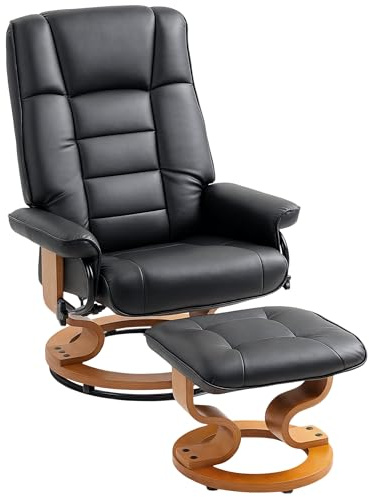 HOMCOM Relaxsessel mit Hocker 360° Drehbar mit Liegefunktion Schwarz | Hohe Rückenlehne, Holzgestell, Fernsehsessel, TV-Sessel, für Wohnzimmer, Kunstleder