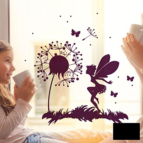 Fensterbild Wandtattoo Pusteblume Fee Schmetterlinge & Punkte Fensteraufkleber Fenstersticker M2093 - ausgewählte Farbe: *schwarz* ausgewählte Größe: *M - 32cm breit x 32cm hoch*