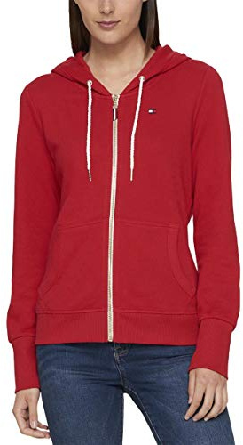 Tommy Hilfiger Damen-Hoodie, mit Reißverschluss, klassisches Sweatshirt mit Kordelzug und Kapuze, Scharlachrot, XXL