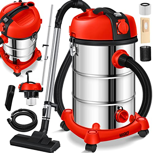 Masko® Aspirapolvere industriale, in acciaio inox, 2300 W + presa di corrente, aspirazione a secco e a umido, funzione di soffiaggio, Push&Clean, con e senza sacchetto, Rosso