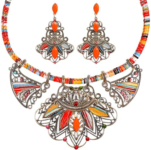 VALICLUD Boho Schmuck Set Damen mit Halskette und Ohrringen, Bunte Statement Kette im Ethno Stil, Festival Schmuck für Hochzeit, Party und Alltag
