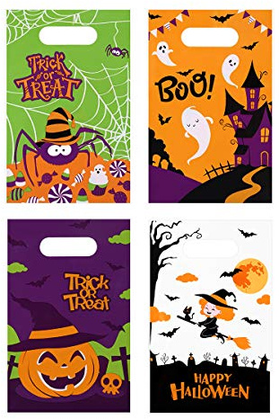100 Stück Halloween Candy Taschen Plastik Tüten Süßes Oder Saures Taschen Geschenktüten Goodie Bags Partytüten Halloween Party Bevorzugt, Kürbis, Geist, Spinne (Je 25 Stück)