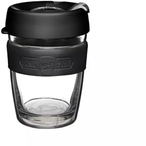 KeepCup Longplay - Reusable Coffee Cup, Tempered Glass Cup with a Removable Clear Tritan Plastic Sleeve and splashproof Sipper lid - 12oz/340ml - Black