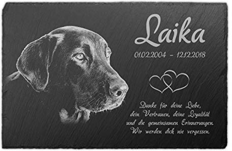 Paule Black personalisierte Schiefer Tiergrabstein Gedenktafel 30x20 cm wetterfest - Individuelles Foto und Text, Schwarz-Weiße Gravur (mit Laser eingebrannt)