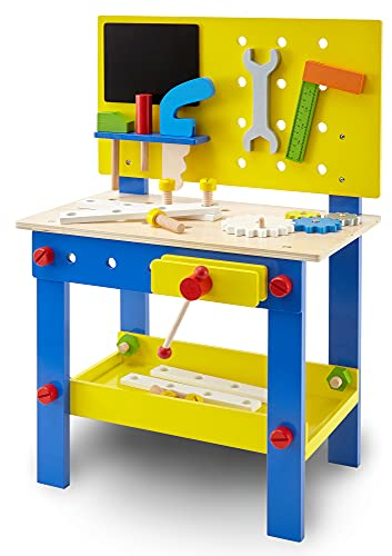 wuuhoo® Kinder-Werkbank Woody inkl. Werkzeug - Kinderwerkbank aus Holz, farbenfrohes Holzspielzeug, Mobile Werkzeugbank mit Holzwerkzeug und Schraubtsock - Spielzeug für Kinder