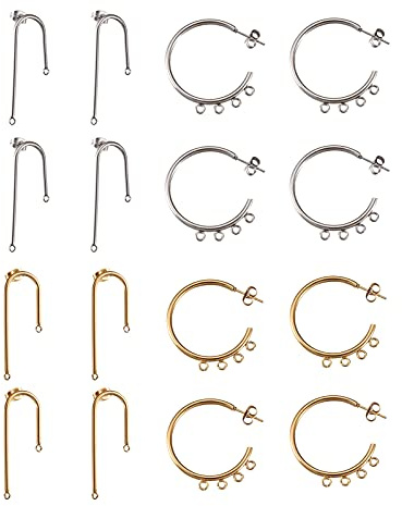 PandaHall 16 piezas de acero inoxidable pendientes de tuerca de 2 colores con lazo para hacer joyas, alfiler: 0,8 mm