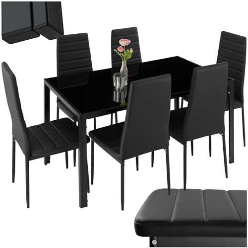 tectake® Ensemble Table à Manger avec 6 chaises de Salle à Manger en Cuir synthétique Chaises Modernes Structure & Pieds en Acier Table Salle à Manger en Verre trempé pour Salon, Chambre, Cuisine