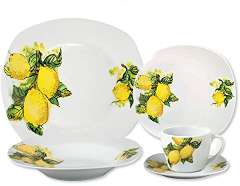 Lorren Home Trends Porzellan-Geschirr-Set, quadratisch, für 4 Zitronen, Gelb, 20-teilig