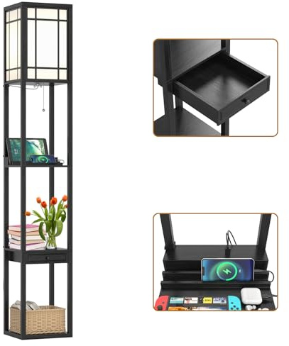 COSTWAY Stehlampe Wohnzimmer 160cm, E27R-A, mit 2 USB Anschlüsseln, 3 Ebenen Stehleuchte mit Schublade, Standleuchte Holz, Holzregal Innenbeleuchtung für Wohnzimmer & Schlafzimmer