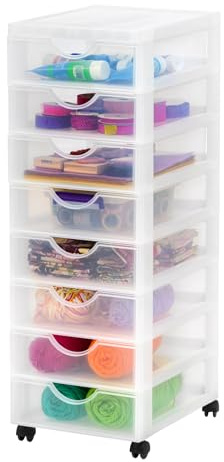 Iris Ohyama Kunststoff-Schubladenbox mit Rollen, 8 flachen Schubladen, Frostweiß, Griffe zum Ziehen, Für Schlafzimmer, Schule & Büro, BPA-frei, Schubladenschrank, Rollcontainer, A4 Drawer, DDDC-380