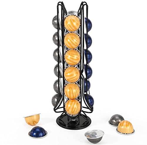 Vinsani Black Coffee Pod Holder for Nespresso Vertuo Vertuoline Pods - 24 Capacity Rotating Storage Rack - Modern Design - 39 x 12.5 x 12.5 cm