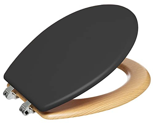 PEGANE Abattant WC en Bois Naturel et Zinc Coloris Gris Charbon - Longueur 36 x Profondeur 46,5 x Hauteur 5,5 cm