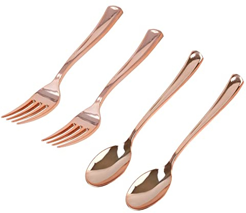 48Pcs Party Disposable Plastic Mini Forks and Spoons Set Polished Gold Cutlery Plastic Tasting Spoons Flatware Forks and Spoons for Small Appetizers and Desserts, Rose Gold