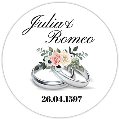 36 x personalisierte Hochzeitsaufkleber mit Datum und Wunschname ∅ je Sticker 5cm runde Deko Aufkleber für Gastgeschenke Hochzeit Name selbstklebend (02 Silberne Ringe)