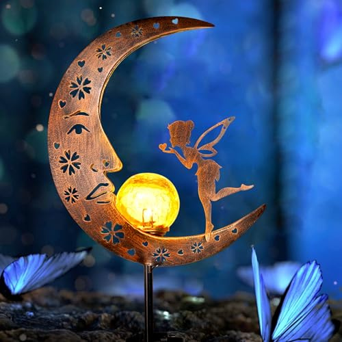 TERESA'S COLLECTIONS 100CM High Moon Solar Lights Outdoor Garden | Metal Lovely Flying Kiss Fairy on Moon Warm LED Garden Light with Crackle Glass Ball for Lawn, Path & Pot, Gifts for Women