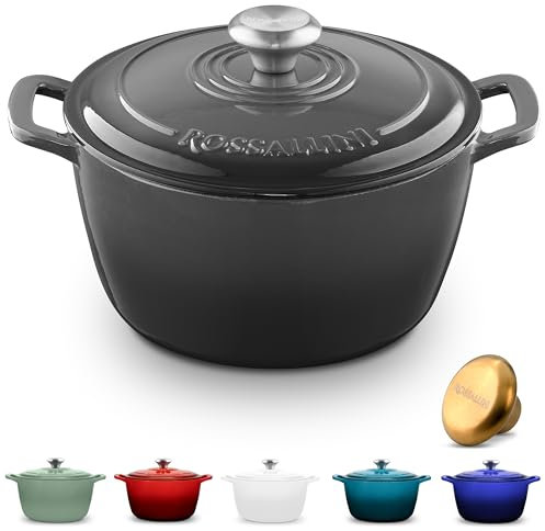 ROSSALLINI Signature Enameled Cast Iron Dutch Oven, Non-Stick Serving Pot with Tight Fitting Lid for Perfect Roasting, Baking, Sauteing, and Bread Making | 10Q (9.5L) - Oyster Grey