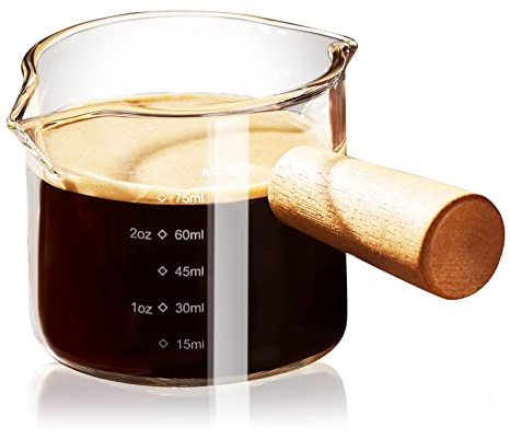 PARACITY Taza de Espresso con Mango de Madera, Taza Medidora de Vidrio de Doble Pico con Doble Graduación, Vaso de Chupito con Pico en V, Accesorio de Espresso, Taza de Café de 75 ml
