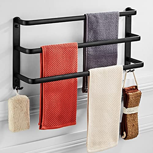 FUYAO Handtuchhalter Bad Ohne Bohren Handtuchstange, Aluminium Selbstklebend Badetuchhalter, 3 Stöckig Wand-Handtuchhalter Mit Haken Für Badezimmer Küchen Toilette,Black c,80CM