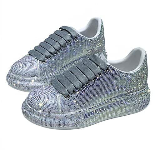 Julymens Scarpe da ginnastica da donna con strass, con plateau, casual, con lacci, Argento, 40 EU