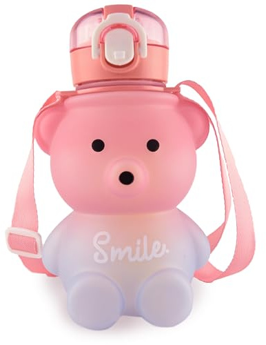 Kikuo Botella de paja de Oso Lindo, Botella de agua con pajita en Color Degradado, Botella de agua Portátil a Prueba de Fugas con Correa para Niñas Cualquier Ocasión (800ml, Rosa Azul)