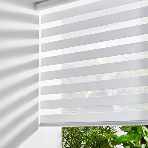 Persilux Zebra Blinds for Windows Cordless Blinds & Shades (28 W x 72 H, White) Free-Stop Roller Window Shades, Light Filtering Roller Shades for Windows, Light Control for Day and Night