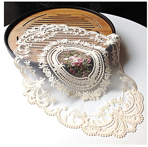 2 Stück ovale Retro-Spitzen-Tischsets, exquisite französische Blume, bestickte Deckchen, Tassenmatte, Vasenmatte (30,5 x 40,6 cm, Beige)