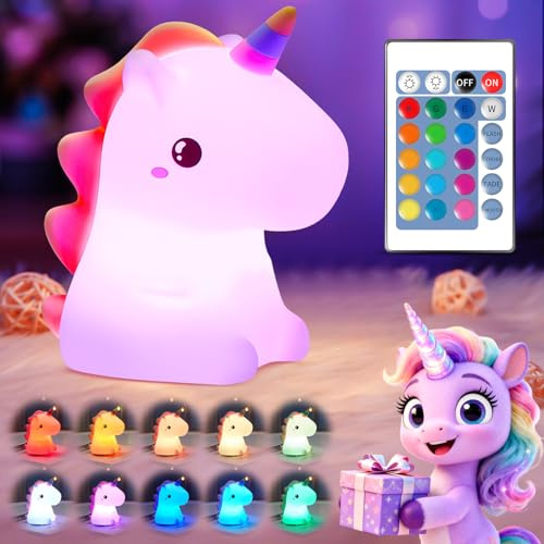 【Embalaje de Regalos】Unicornios para Niñas Luz Nocturna Infantil, 16 Colores 5 Brillos, Control Remoto, Regalo Bebé Recién Nacido, Niña 4-8 Años, Kawaii