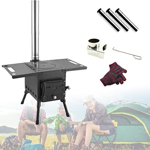 Poele A Bois, Réchaud DeTente, Poele A Bois Chauffage, Réchaud à Bois Portable, grand poêle à bois pour tente avec 3 tuyaux de cheminée,Chauffage Camping Gaz，Mini Poele A Bois,AStyle-S