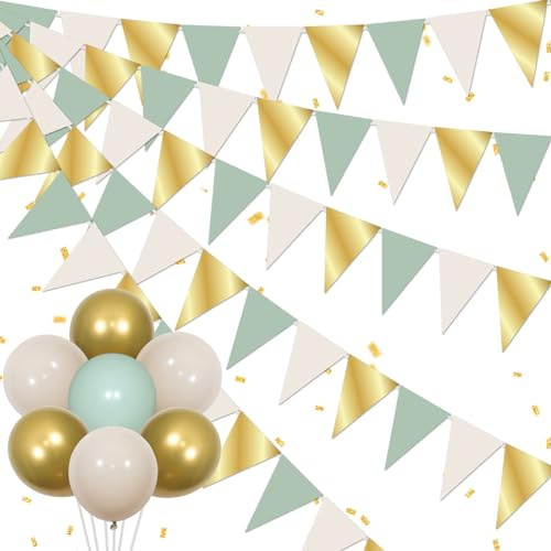 „Sursurprise Salbeigrün-Beige Wimpelketten-Banner-Dekorationen, Salbeigrün-Beige-Dreiecksflaggen-Banner, Latexballons, Dschungel-Safari-Babyparty-Geburtstagsparty-Zubehör